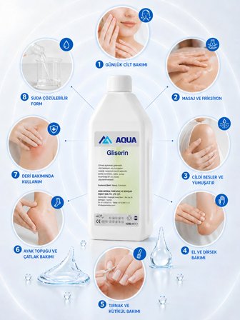 AQUAMED Gliserin 1000 ML Nemlendirici Ağrı Dindirici Kırışıklık Cilt Tırnak Çatlak Deri Bakım Yağı Kozmetik Cilt Bakım Kremi Masaj Friksiyon