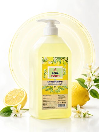 aqua touch 1000 ML Limon Kolonyası %80 Alkol Pompa Başlıklı Limon Kokulu Ferahlatıcı Serinletici Kolonya El Cilt Ev Ofis Kullanım