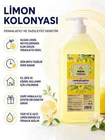 aqua touch 1000 ML Limon Kolonyası %80 Alkol Pompa Başlıklı Limon Kokulu Ferahlatıcı Serinletici Kolonya El Cilt Ev Ofis Kullanım