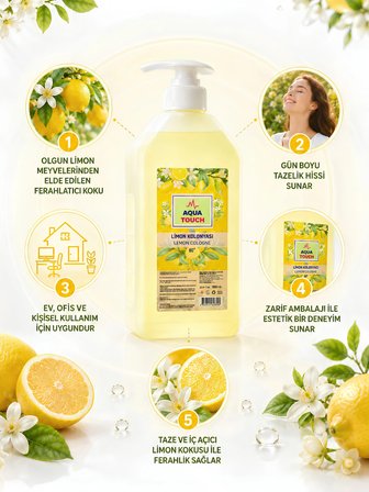 aqua touch 1000 ML Limon Kolonyası %80 Alkol Pompa Başlıklı Limon Kokulu Ferahlatıcı Serinletici Kolonya El Cilt Ev Ofis Kullanım
