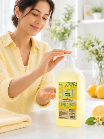 aqua touch 1000 ML Limon Kolonyası %80 Alkol Pompa Başlıklı Limon Kokulu Ferahlatıcı Serinletici Kolonya El Cilt Ev Ofis Kullanım