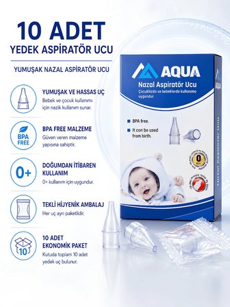 AQUAMED 10Lu Filtreli Burun Nazal Aspiratör Ucu Bebek Çocuk Aspiratör Yedek Ucu Tüm Markalar Uyumlu Burun Yıkama Temizleme Aparatı Kullan At