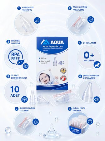AQUAMED 10Lu Filtreli Burun Nazal Aspiratör Ucu Bebek Çocuk Aspiratör Yedek Ucu Tüm Markalar Uyumlu Burun Yıkama Temizleme Aparatı Kullan At