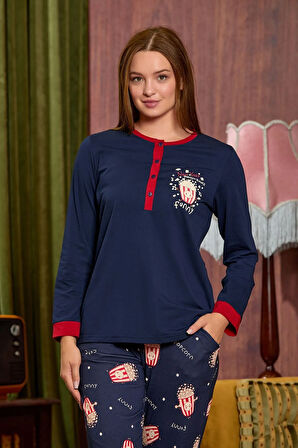 Cb25038 Kadın Lacivert Baskı Detay Uzun Kol Yeni Yıl Pijama Takım