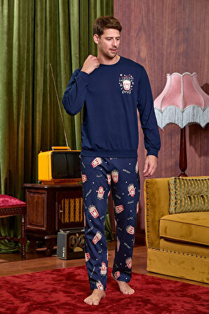 Cb25403 Erkek Lacivert Desenli Erkek Yeni Yıl Pijama Takımı