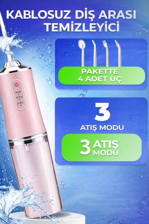 Ağız Duşu ve Diş Protez Bakım Şarjlı 3 Modlu Diş Arası Temizleyici 4 Başlıklı Taşınabilir