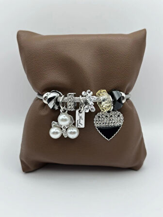 Çelik Zirkon Taşlı Kalpli İncili Bileklik