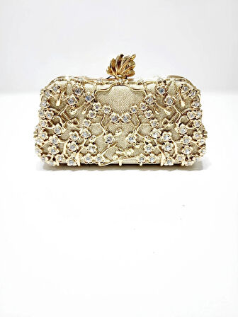 KRİSTAL TAŞ & ÇİÇEK FİGÜR METAL KASA KADIN ABİYE ÇANTA