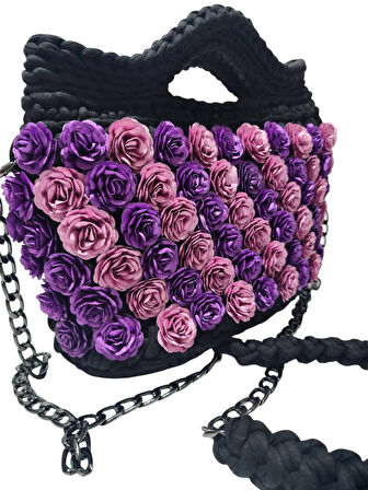 PENYE İP ÖRGÜSÜ ÇİÇEK DETAYLI EL YAPIMI KADIN EL-OMUZ ÇANTASI