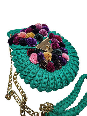 PENYE İP ÖRGÜSÜ ÇİÇEK DETAYLI EL YAPIMI KADIN ( ÇAPRAZ) OMUZ ÇANTASI