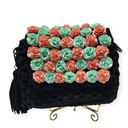 PENYE İP ÖRGÜSÜ ÇİÇEK DETAYLI EL YAPIMI KADIN ( ÇAPRAZ) OMUZ ÇANTASI