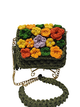 PENYE İP ÖRGÜSÜ ÇİÇEK DETAYLI EL YAPIMI KADIN ( ÇAPRAZ) OMUZ ÇANTASI