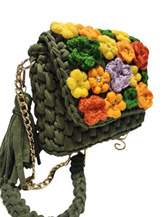 PENYE İP ÖRGÜSÜ ÇİÇEK DETAYLI EL YAPIMI KADIN ( ÇAPRAZ) OMUZ ÇANTASI