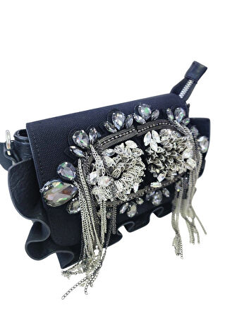 ZİNCİR-TAŞ & BONCUK DETAYLI KANVAS-SUNİ DERİ ''MİNİ BOY'' KADIN OMUZ ÇANTASI