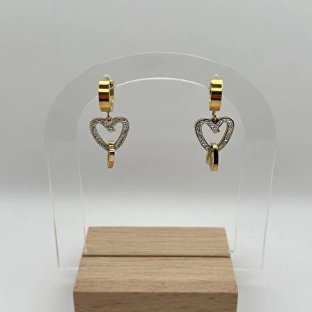 Çelik Zirkon Taşlı Kalpli Küpe