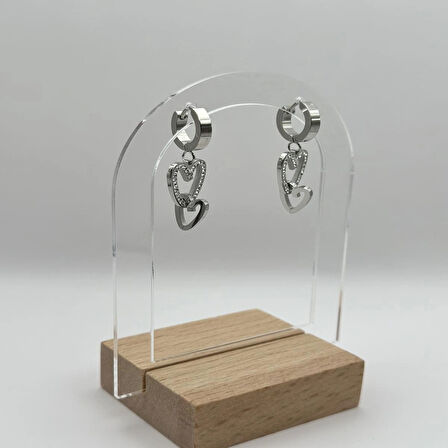 Çelik Silver Zirkon Taşlı Kalpli Küpe