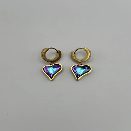 Çelik Renkli Zirkon Taşlı Kalpli Küpe