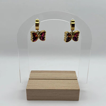 Çelik Renkli Zirkon Taşlı Kelebekli Küpe