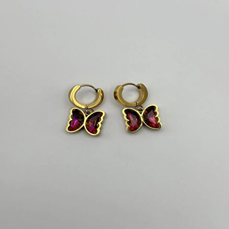 Çelik Renkli Zirkon Taşlı Kelebekli Küpe