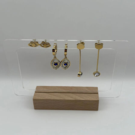 Çelik Zirkon Taşlı Nazarlı Göz Detaylı 3 Çift Set Küpe