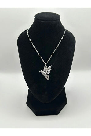 Çelik Zirkon Taşlı Kuş Detaylı Kolye