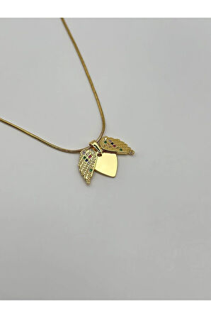 Çelik Zirkon Taşlı Melek Kanadı Kalpli Kolye