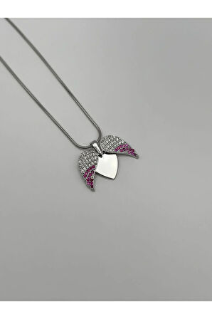 Çelik Zirkon Taşlı Melek Kanadı Kalpli Kolye Gold - Silver