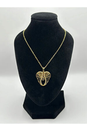 Çelik Zirkon Taşlı Melek Kanadı Kalpli Gold - Silver