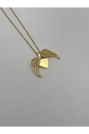 Çelik Zirkon Taşlı Melek Kanadı Kalpli Gold - Silver