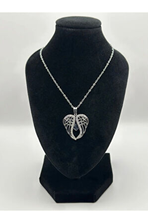 Çelik Zirkon Taşlı Melek Kanadı Kalpli Gold - Silver