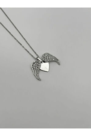 Çelik Zirkon Taşlı Melek Kanadı Kalpli Gold - Silver