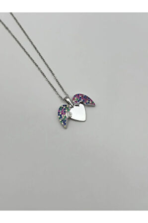 Çelik Zirkon Taşlı Kalpli Kolye Gold - Silver