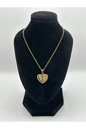 Çelik Zirkon Taşlı Kalpli Kolye Gold