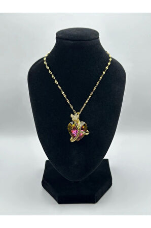 Çelik Zirkon Taşlı Kalpli Kelebekli Kolye