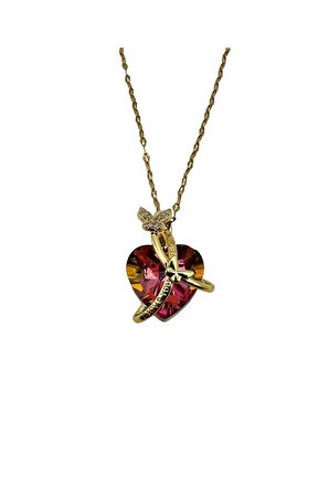 Çelik Zirkon Taşlı Kalpli Kelebekli Kolye