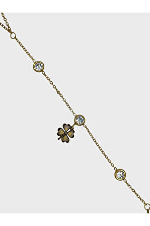 Çelik Zirkon Taşlı Yoncalı Şahmeran Bileklik (Gold)