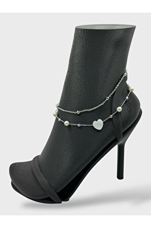 Çelik Zirkon Taşlı Kalpli İncili Halhal