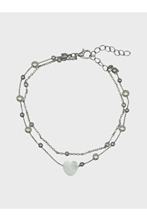 Çelik Zirkon Taşlı Kalpli İncili Halhal