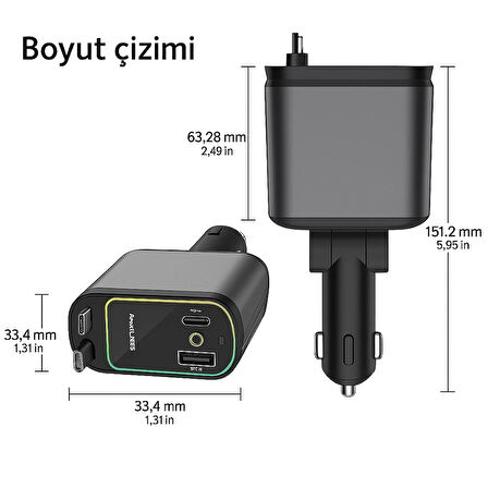66W Led Işık Tavan Aydınlatmalı 4IN1 Çift Kablolu Hızlı Şarj 3.4A Araç İçi Çakmaklık Şarj Aleti