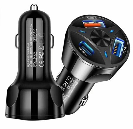 55W Araç İçi Çakmaklık Hızlı Şarj Aleti PD Quick Charger 2 USB 1 Type-C Çıkış