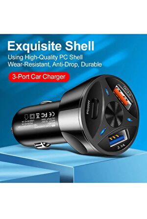 55W Araç İçi Çakmaklık Hızlı Şarj Aleti PD Quick Charger 2 USB 1 Type-C Çıkış
