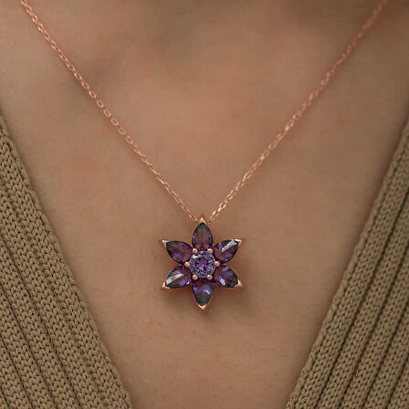 925 Ayar ​Gümüş Rose Mor Çiçek Kolye