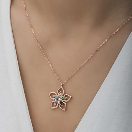 ​925 Ayar Gümüş Renkli Taşlı Çiçek Kadın Gümüş Kolye