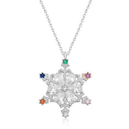 925 Ayar Gümüş Renkli Taşlı Kar Tanesi Kadın Gümüş Kolye