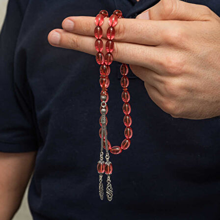 Gümüş Püsküllü Ateş Kehribar Tesbih