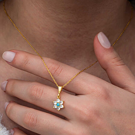 Gümüş Mavi Taşlı Gold Çiçek Kadın Kolye