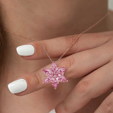 925 Ayar Gümüş Rose Pembe Lotus Çiçeği Kolye
