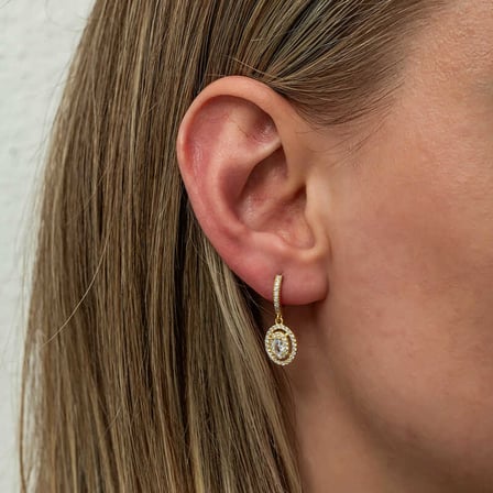 gümüş gold oval taşlı sallantılı küpe
