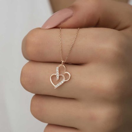 925 Ayar Gümüş Rose Birleşmiş Kalpler Kadın Gümüş Kolye