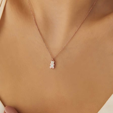 925 Ayar Gümüş Rose Renkli Ayıcık Kadın Kolye